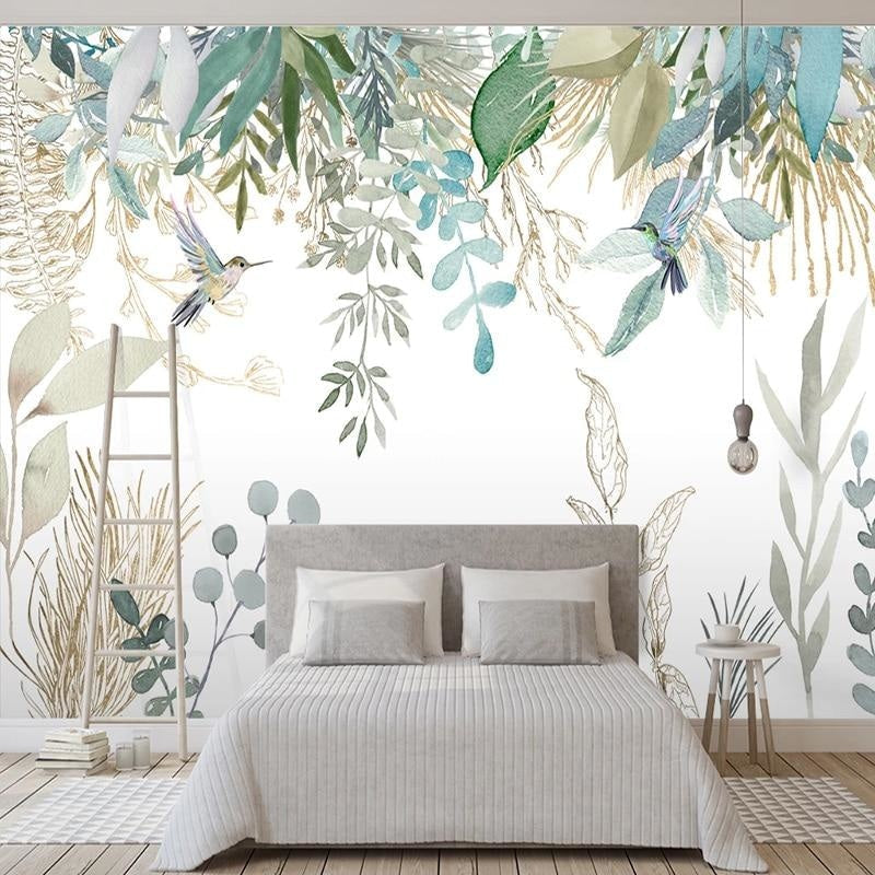 Tropical leaves and birds mural adding elegance to a dining room