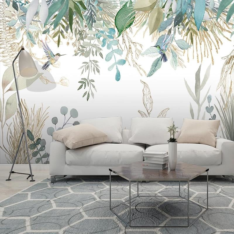 Nature-inspired wallpaper creating a serene atmosphere in an entrance hall