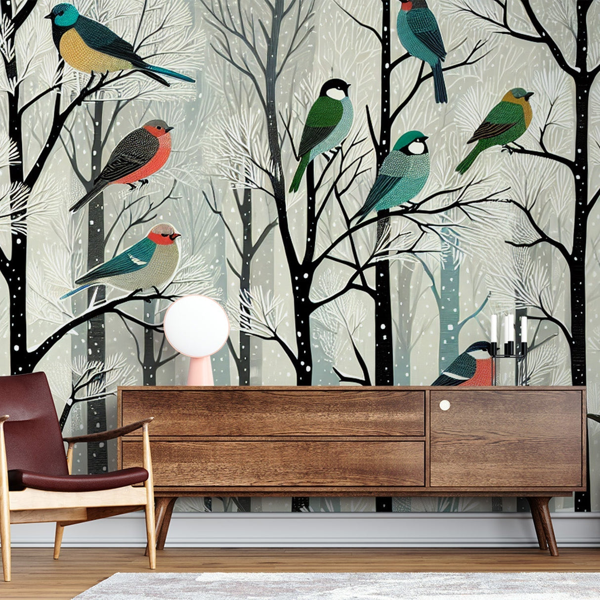Winter birds wallpaper mural showcased in a bright Scandinavian living room, creating a peaceful nature-inspired focal wall