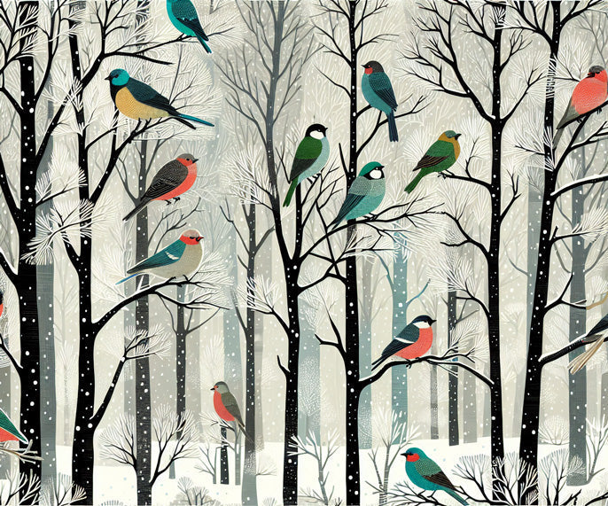 Birds wallpaper design file showing detailed winter forest pattern with colorful songbirds against snowy backdrop
