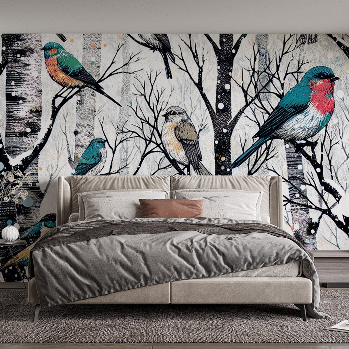 Winter Birds Wallpaper in cozy living room showing colorful birds among snow-covered trees, creating a peaceful natural atmosphere