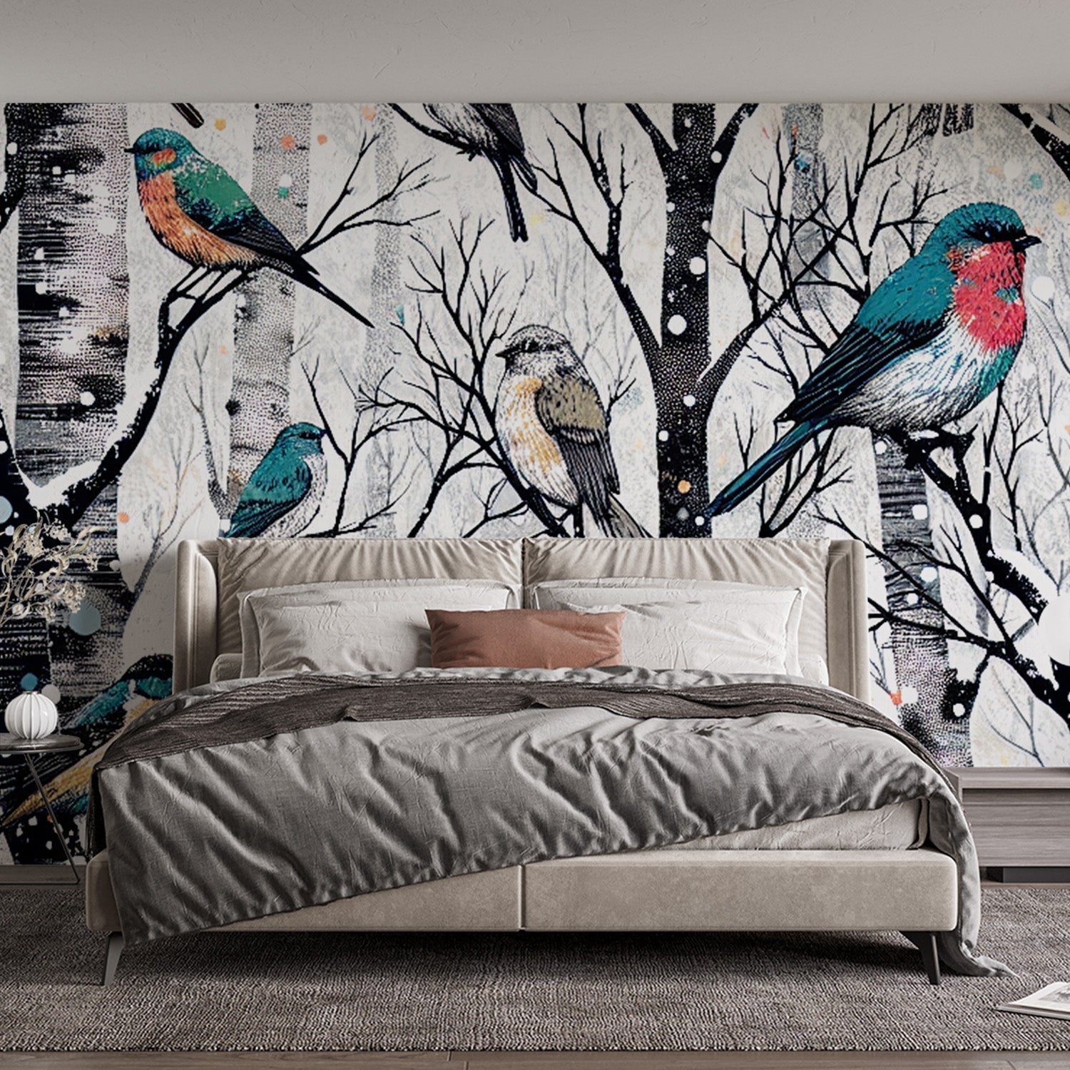 Winter Birds Wallpaper in cozy living room showing colorful birds among snow-covered trees, creating a peaceful natural atmosphere