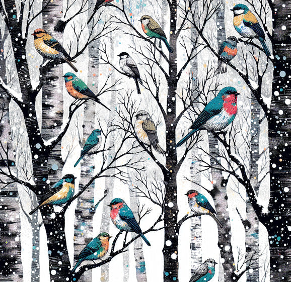 Birds Mural Wallpaper design file showing detailed winter forest pattern with vibrant songbirds