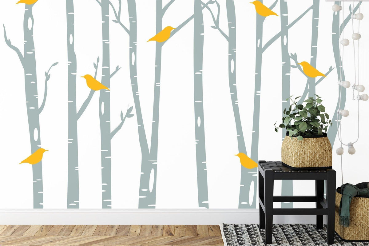 Birch Forest Mural Wallpaper | Yellow Birds and Grey Trees