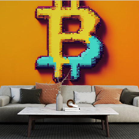 Bitcoin pixel art wallpaper in modern office space with floating geometric shapes and dynamic lighting