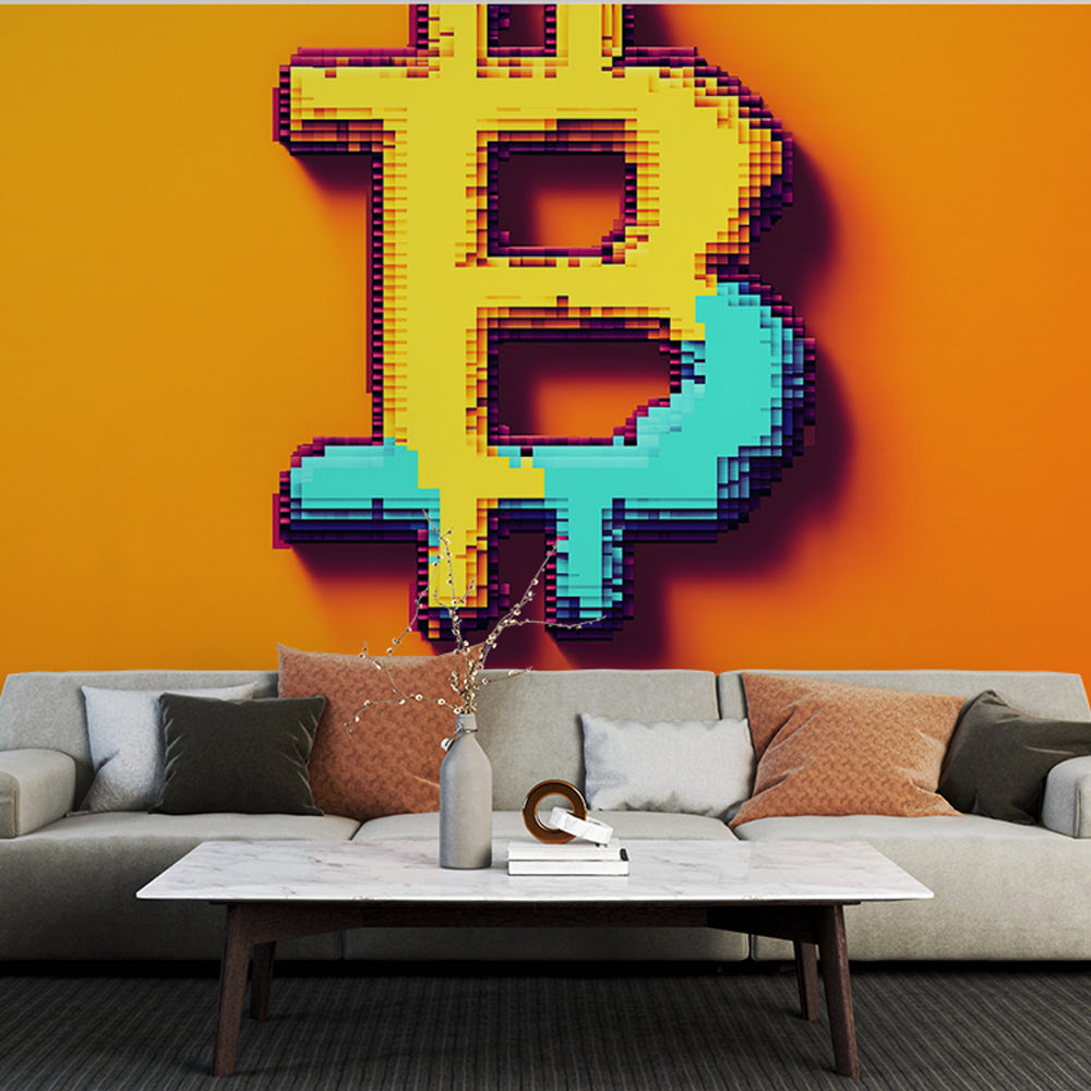 Bitcoin pixel art wallpaper in modern office space with floating geometric shapes and dynamic lighting