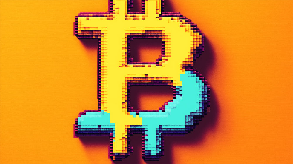 Bitcoin wallpaper design file showing detailed 3D pixel pattern with turquoise and orange color scheme