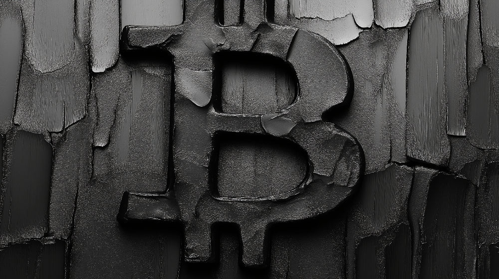 Bitcoin 3D textured wallpaper displayed in a modern office space, creating a powerful focal point behind a minimalist desk setup