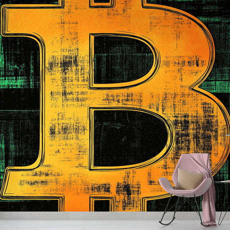 Bitcoin wall mural displayed in a modern office space, orange typography design creating a bold focal point against dark walls