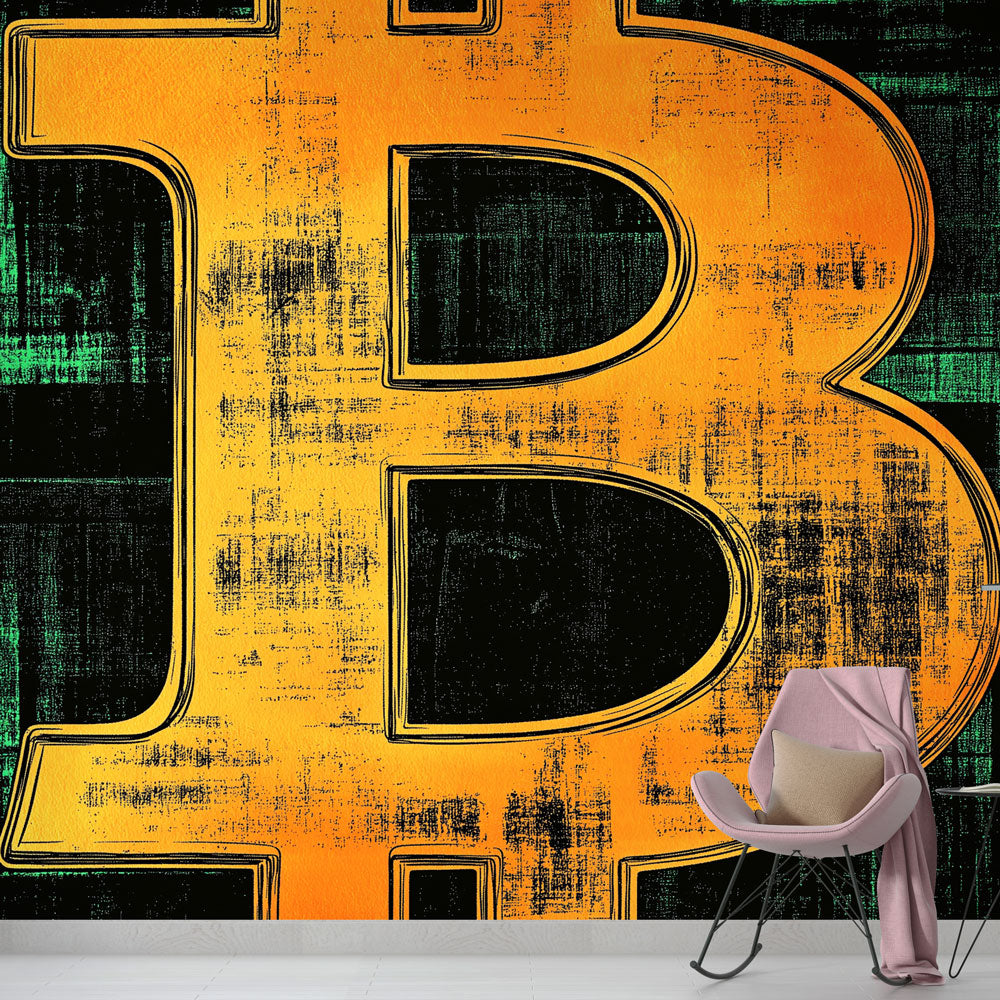 Bitcoin wall mural displayed in a modern office space, orange typography design creating a bold focal point against dark walls