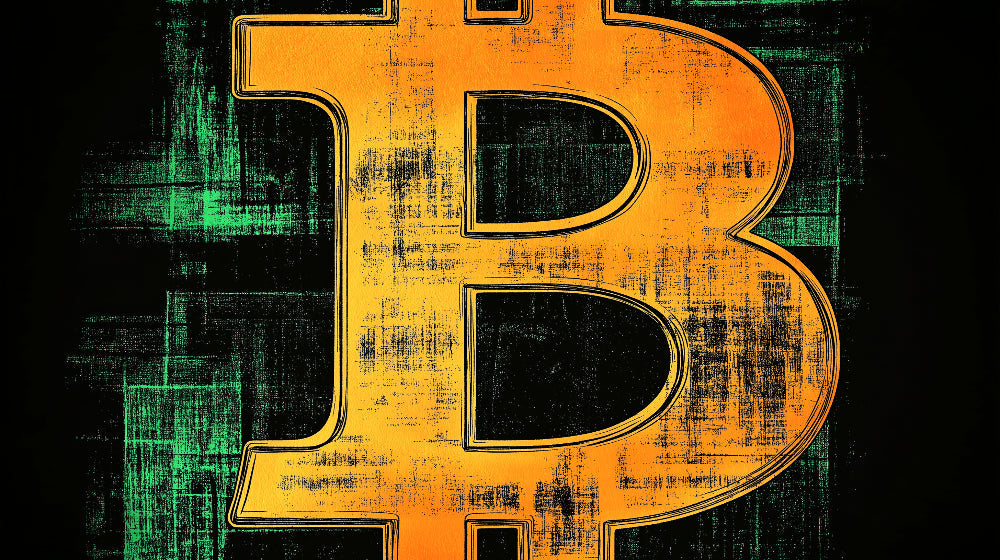 Bitcoin typography wallpaper design file showing detailed orange distressed pattern on black background
