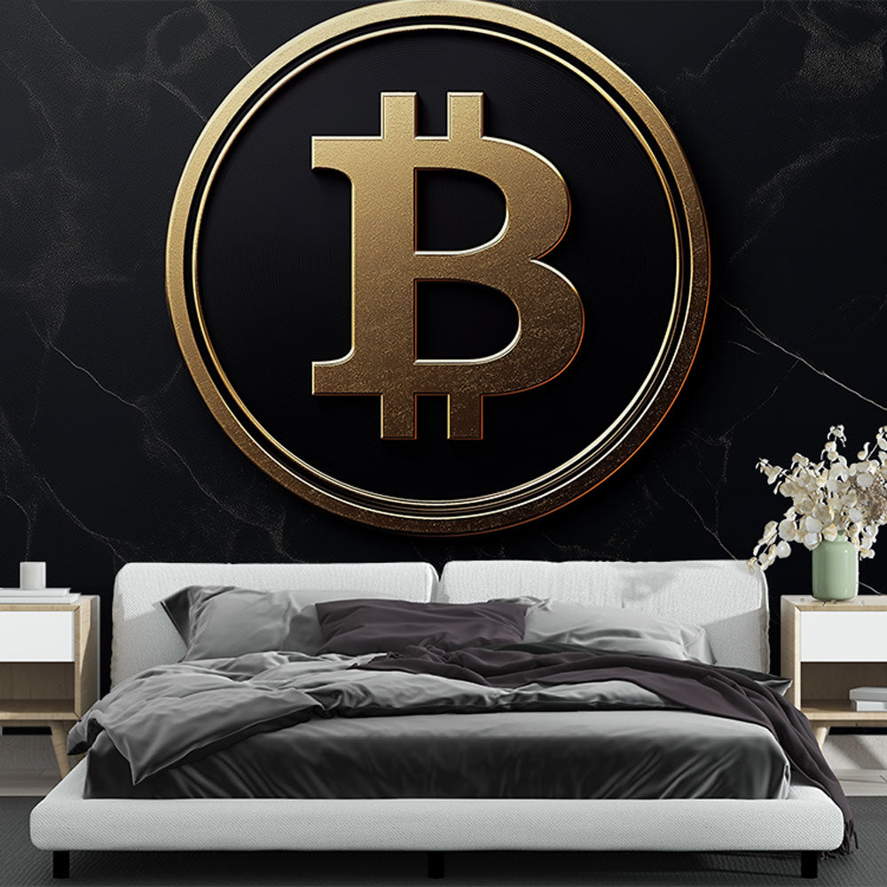 Bitcoin wall mural showcased in a modern home office with sleek furniture and ambient lighting