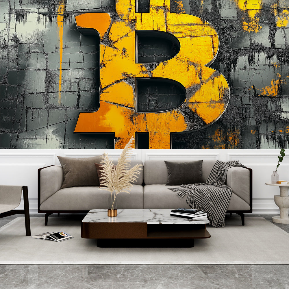 Modern Bitcoin wallpaper creating a striking focal point in a minimalist home office with grey and orange accents