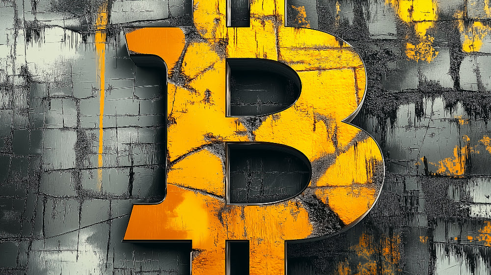 Bitcoin wall mural design file showing detailed industrial texture and 3D cryptocurrency symbol