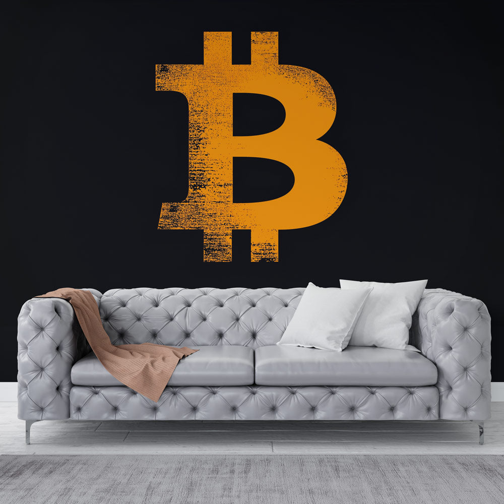Modern Bitcoin wallpaper mural displayed in a minimalist home office with desk and ergonomic chair