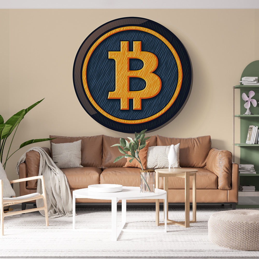Bitcoin wallpaper mural styled in modern home office with minimalist desk setup and ambient lighting