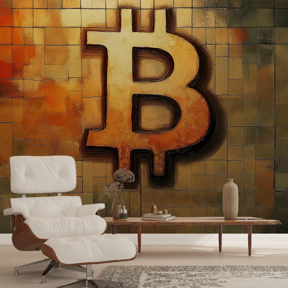 Bitcoin geometric wallpaper mural showcased in a modern home office with clean white furniture and natural lighting