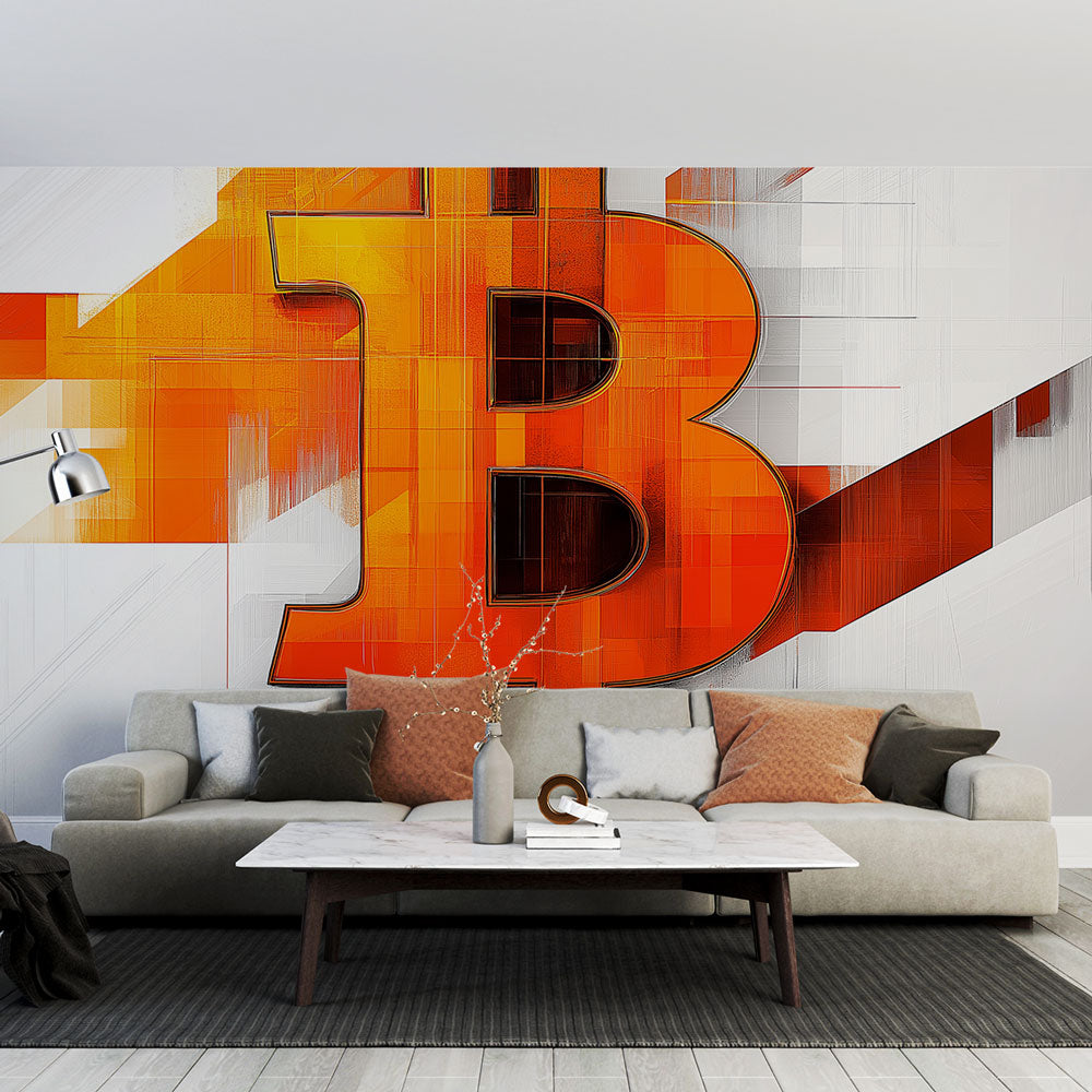 Bitcoin geometric wallpaper creating a bold statement in a modern office conference room with clean white furniture