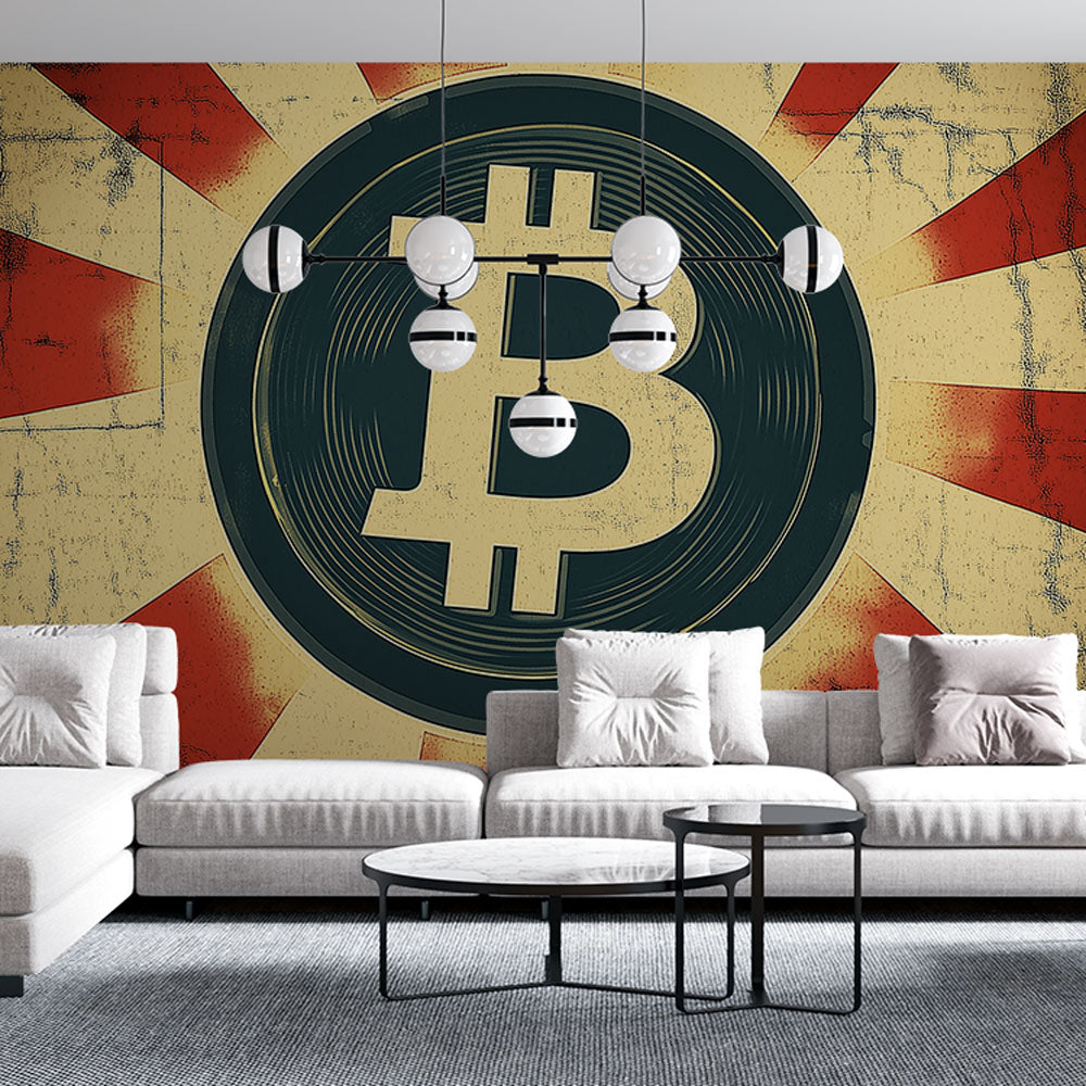 Bitcoin wallpaper mural showcased in a modern home office with industrial furniture and warm lighting
