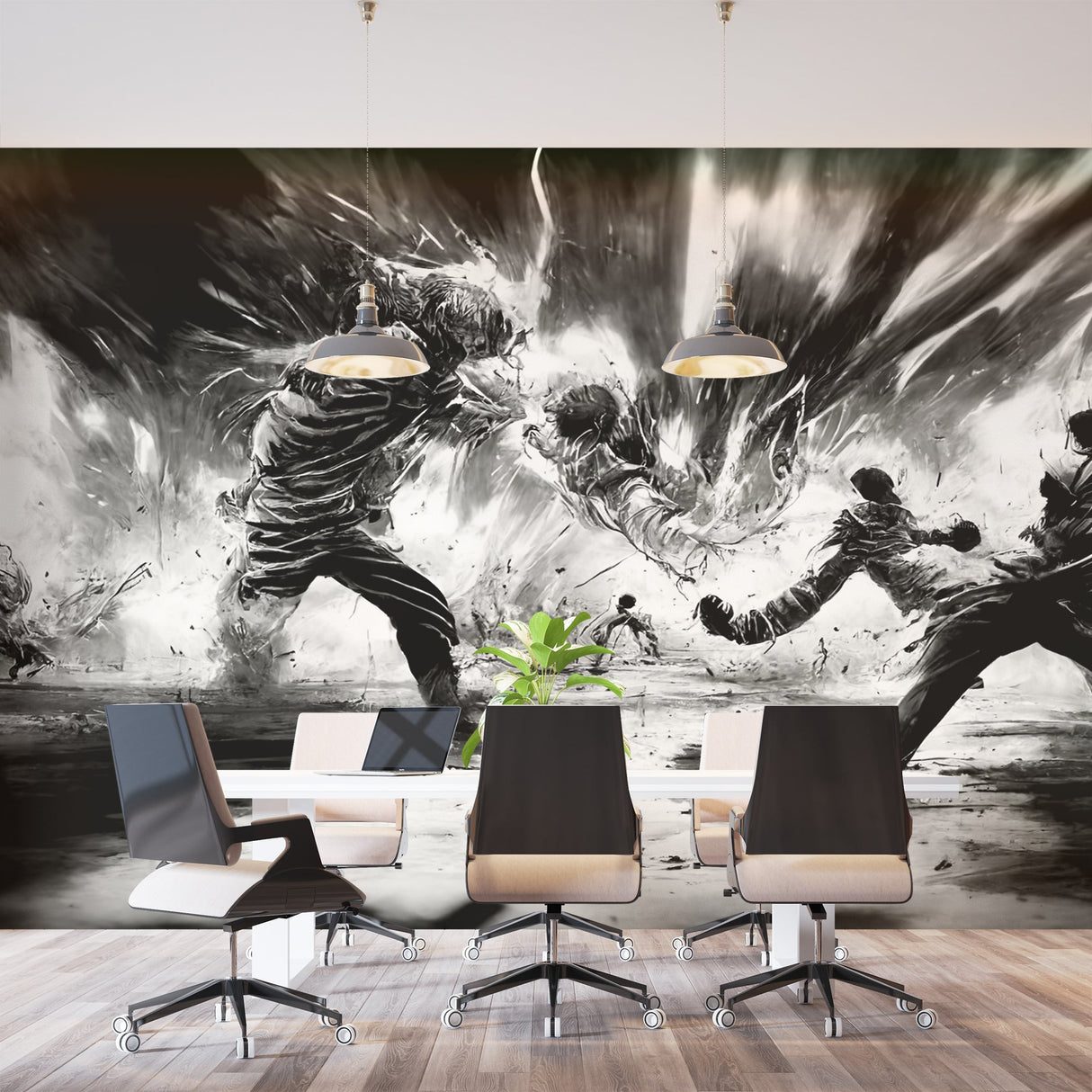 Monochrome wall mural bringing artistic flair to a contemporary office space