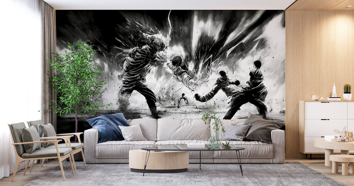Dynamic black and white mural transforming an urban dining room setting