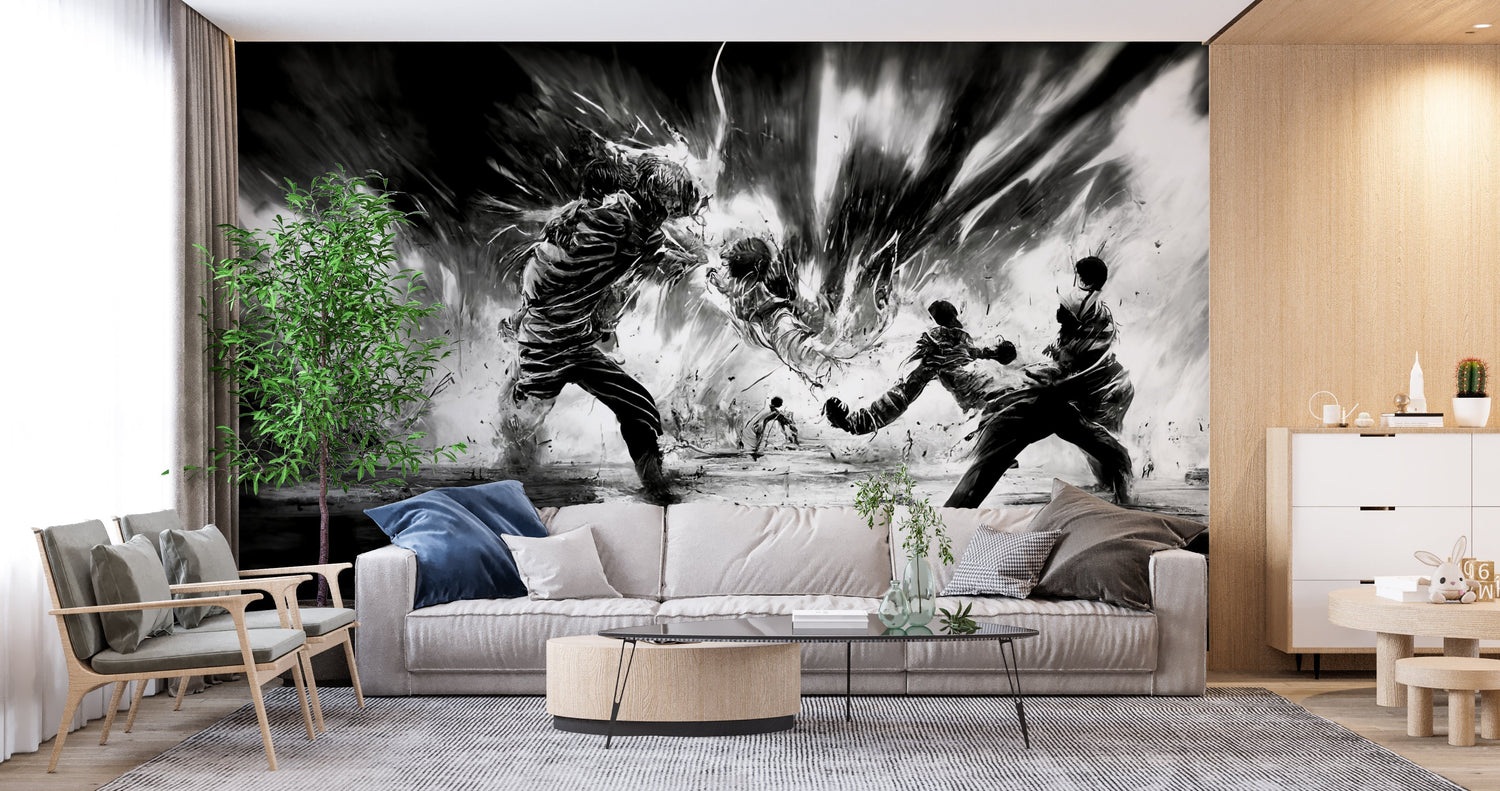 Dynamic black and white mural transforming an urban dining room setting