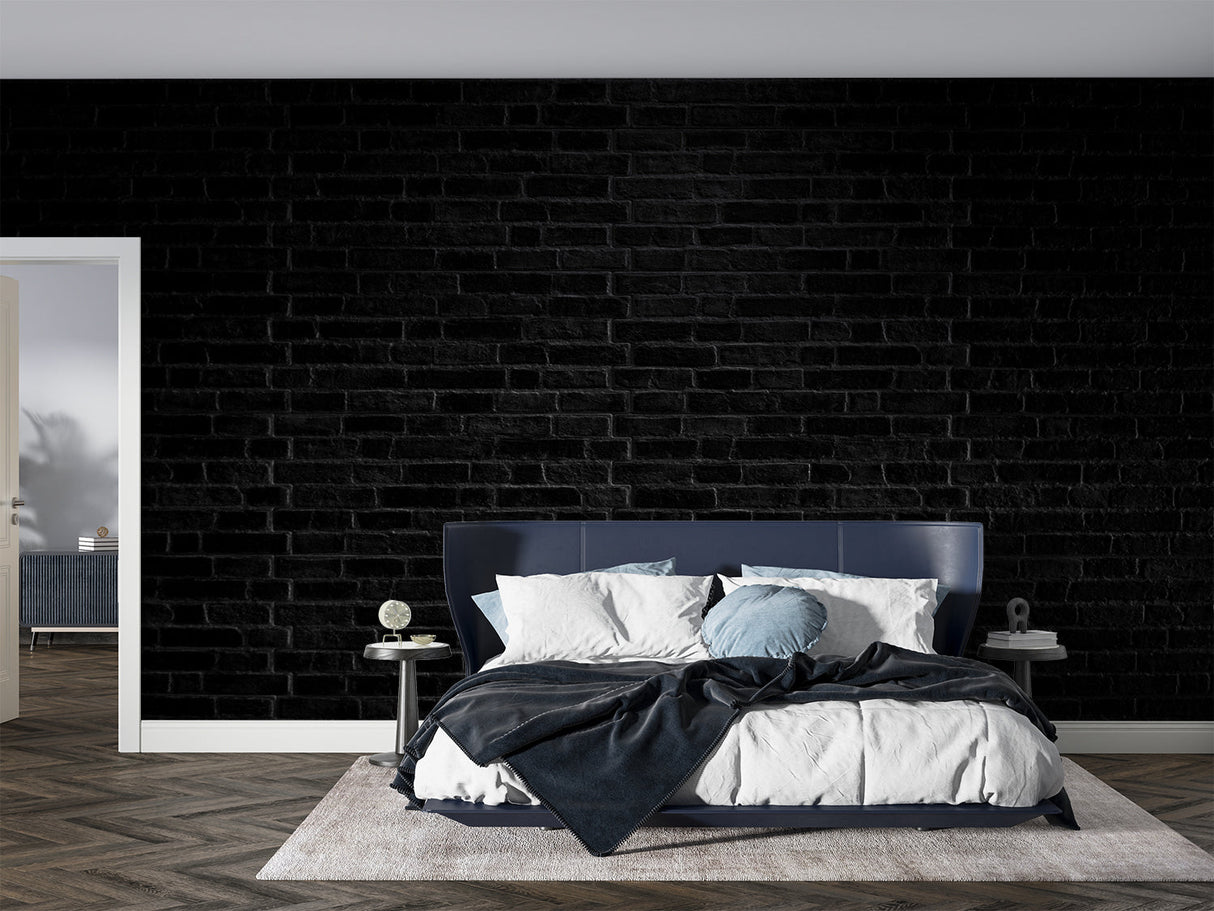 Black brick wallpaper in modern living room with grey sofa and industrial lighting
