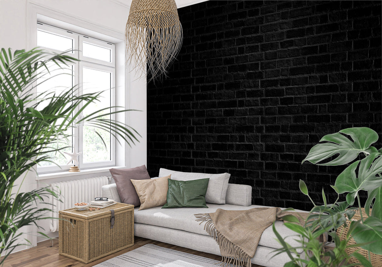 Modern restaurant interior featuring black brick wall mural and pendant lights