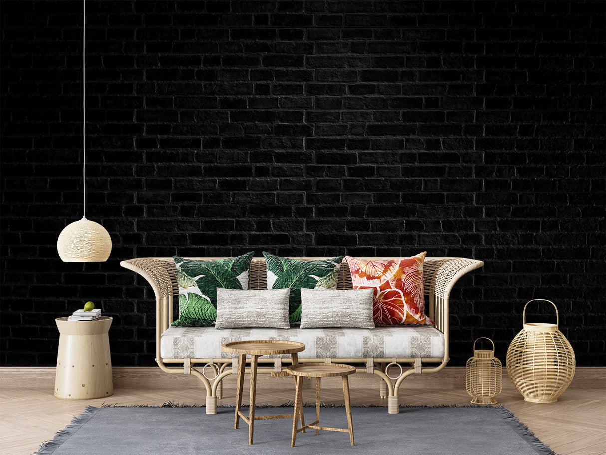 Black brick wallpaper in bedroom with minimal furniture and large windows