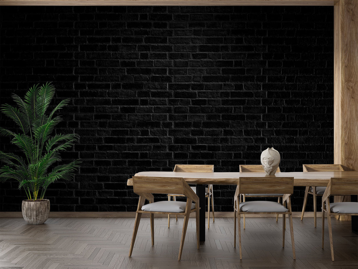 Industrial style hallway with black brick mural wallpaper and metal accents