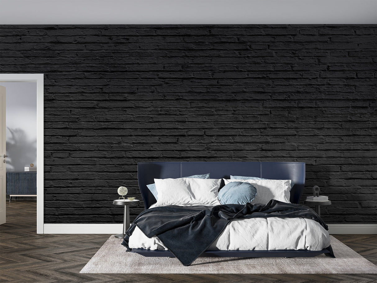 Industrial black brick wall mural in minimalist bedroom with contemporary furniture
