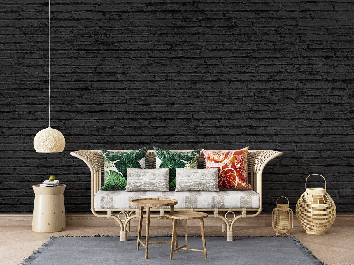 Modern black brick wallpaper in home office with sleek desk setup and urban decor