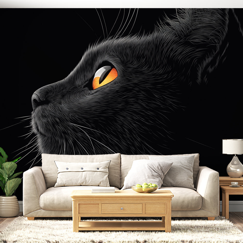 Black cat wall mural creates dramatic impact in modern living room, amber eyes catching light against dark walls