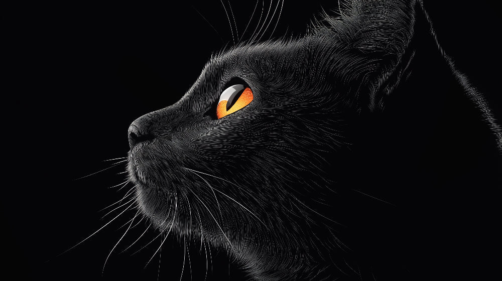 Black cat portrait wallpaper design file showing detailed fur texture and mesmerizing amber eyes