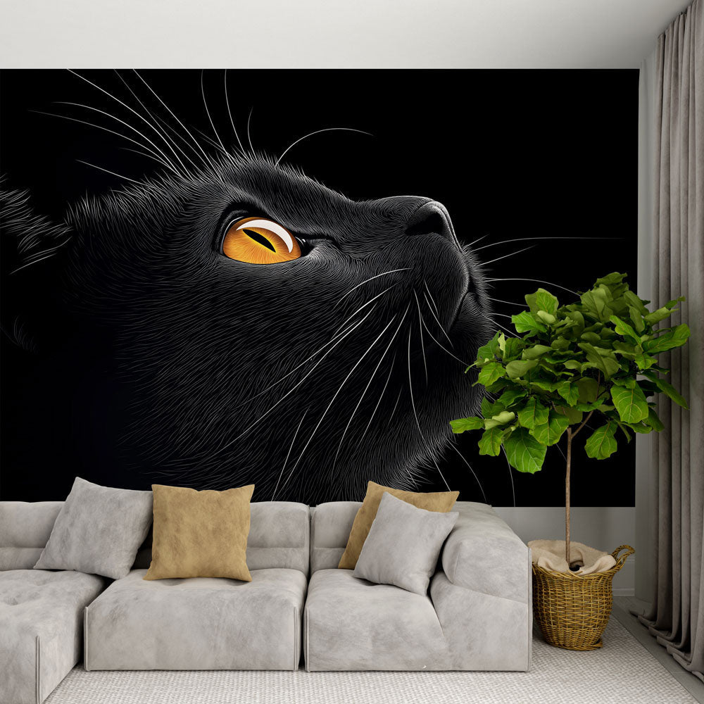 Black cat wall mural creating drama in a modern living room, golden eyes catching ambient light