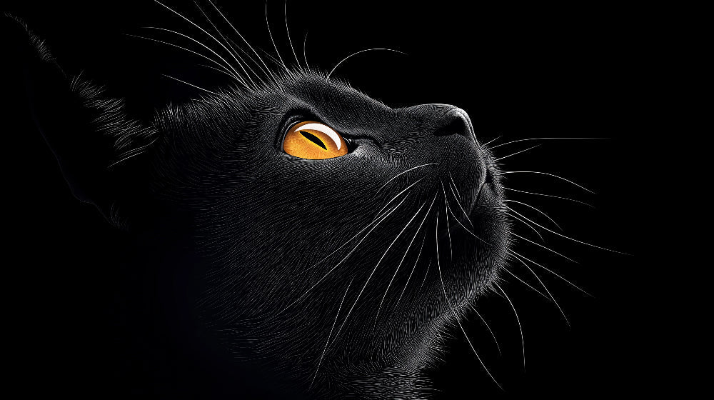 Black cat wallpaper design file showing detailed fur texture and mesmerizing amber eyes