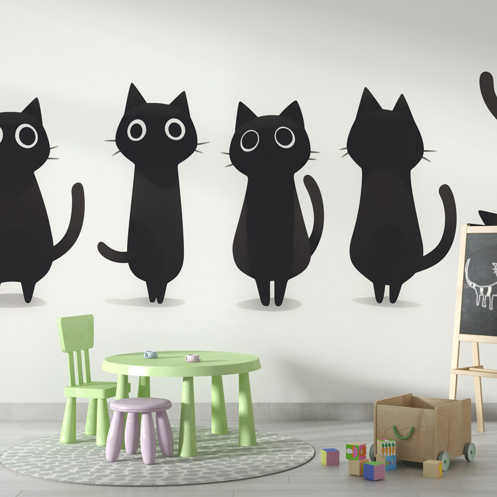 Black cat wallpaper mural styled in a modern Scandinavian living room, showing clean minimalist design impact