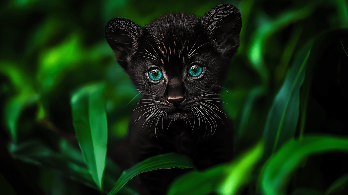 Mystical black cat wallpaper design file showing detailed feline portrait with emerald jungle background