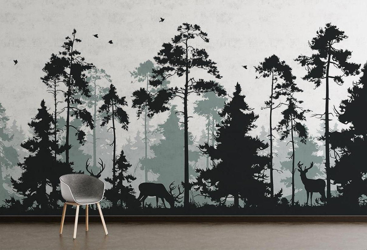Forest Mural Wallpaper | Nordic Pine Trees with Deer Silhouettes
