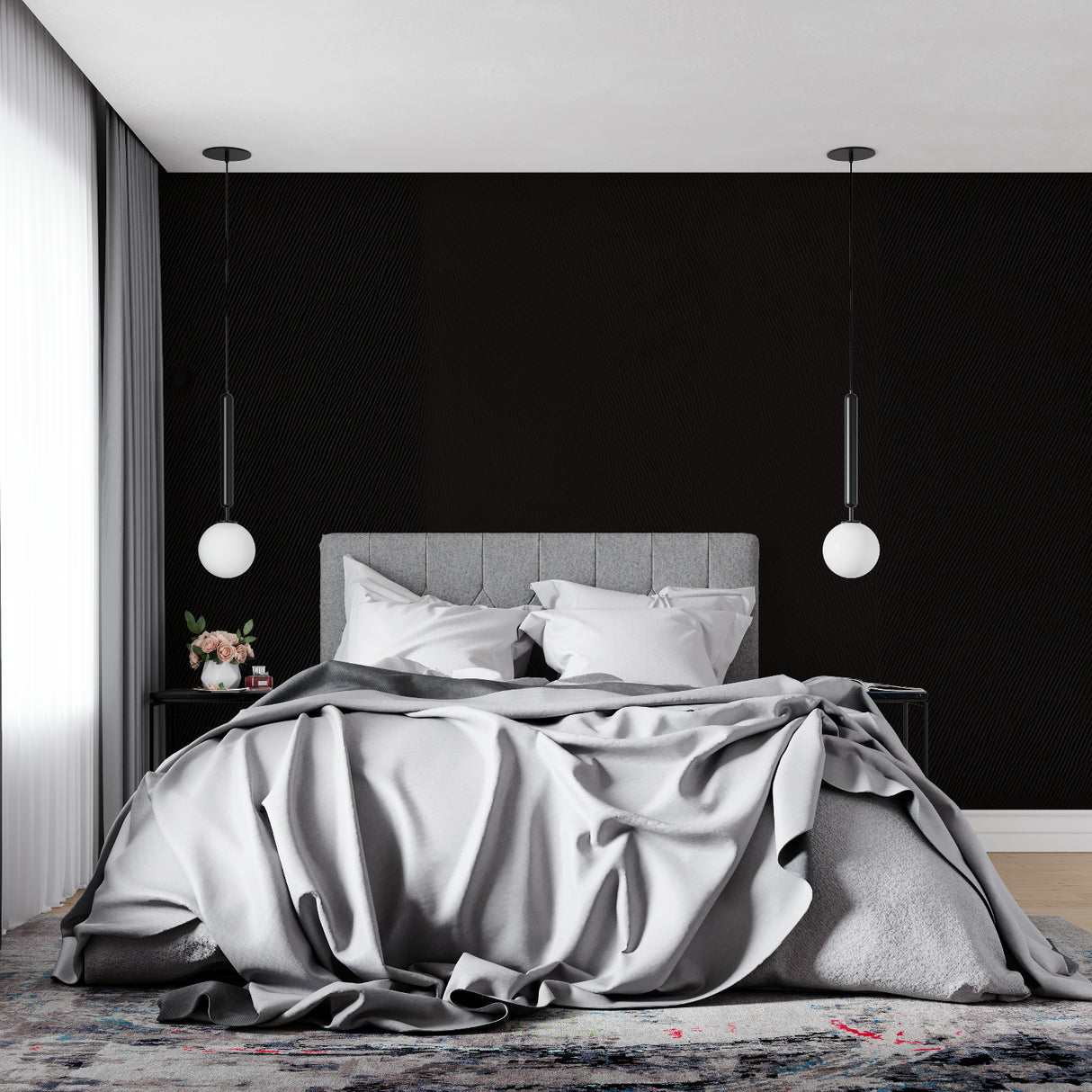 Elegant black diagonal pattern wallpaper in dining room with pendant lights