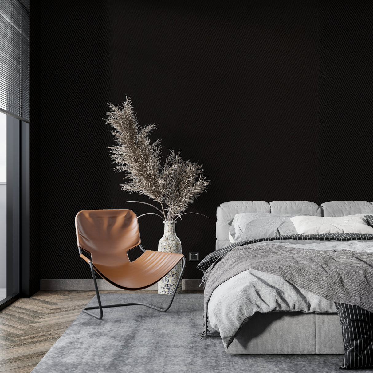 Black line pattern wallpaper in master bedroom adding depth and style