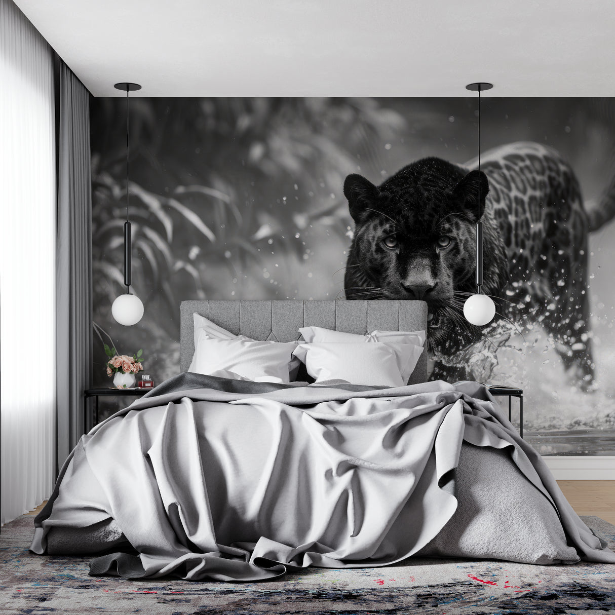 Large scale panther mural bringing character to bedroom with minimal decor
