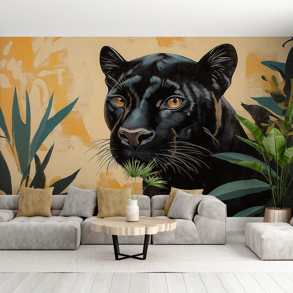 Black panther wallpaper mural displayed in modern living room, showing dramatic jungle cat design against gold backdrop
