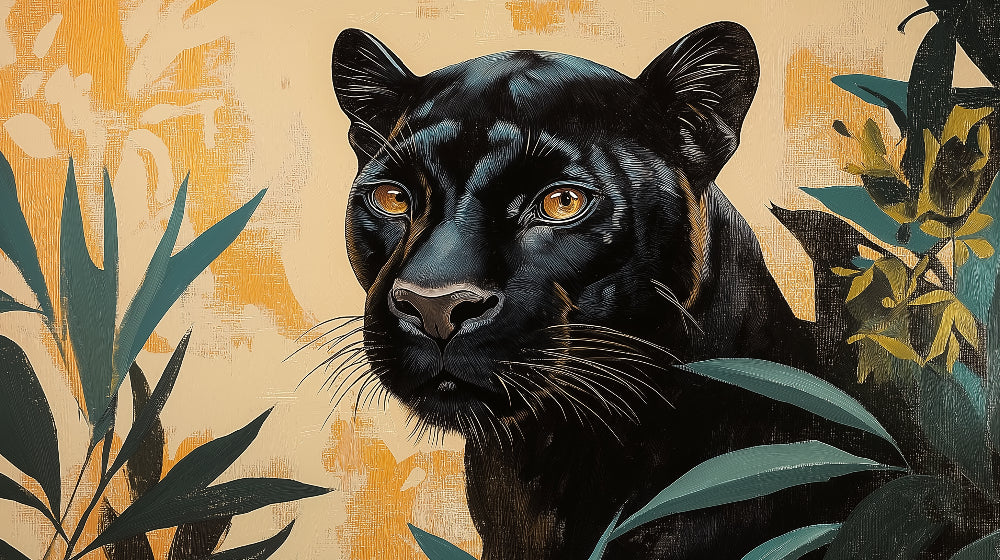 Black panther wallpaper design file with detailed jungle cat and tropical leaves pattern