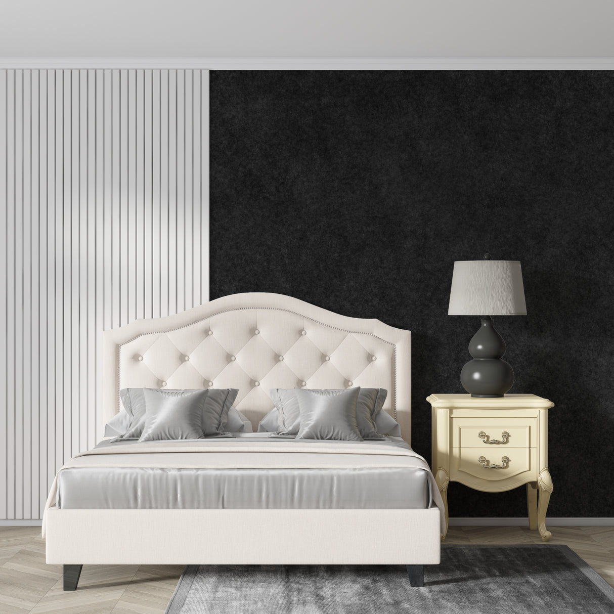 Black velvet wallpaper creating depth in a modern living room with soft lighting