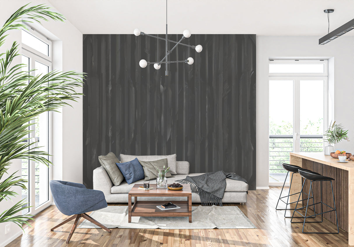Black wood wallpaper in modern living room creating an elegant accent wall with vertical pattern