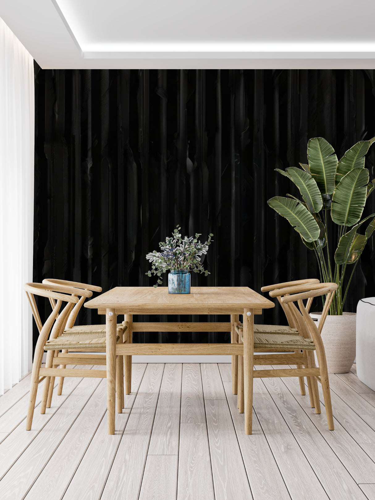 Black vertical wood pattern wallpaper in dining room creating depth