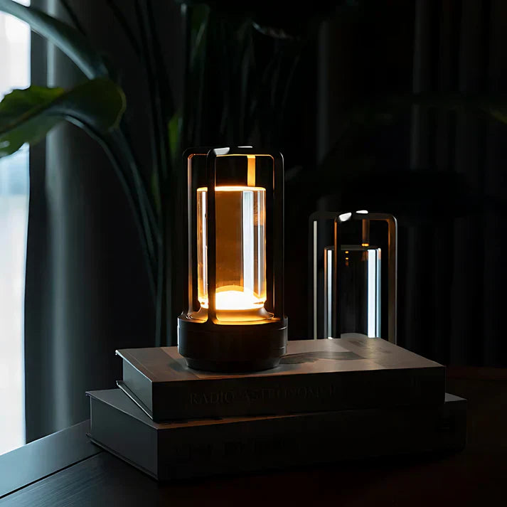 Modern Industrial Table Lamp Glass Cylinder Metal Frame Design - Detailed view