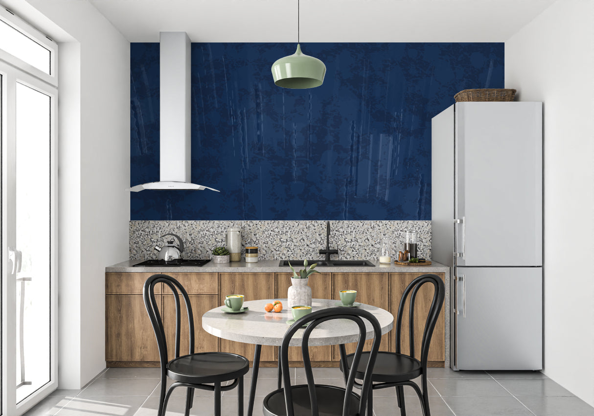 Blue abstract wall mural creating depth in modern living room with grey sofa and natural light