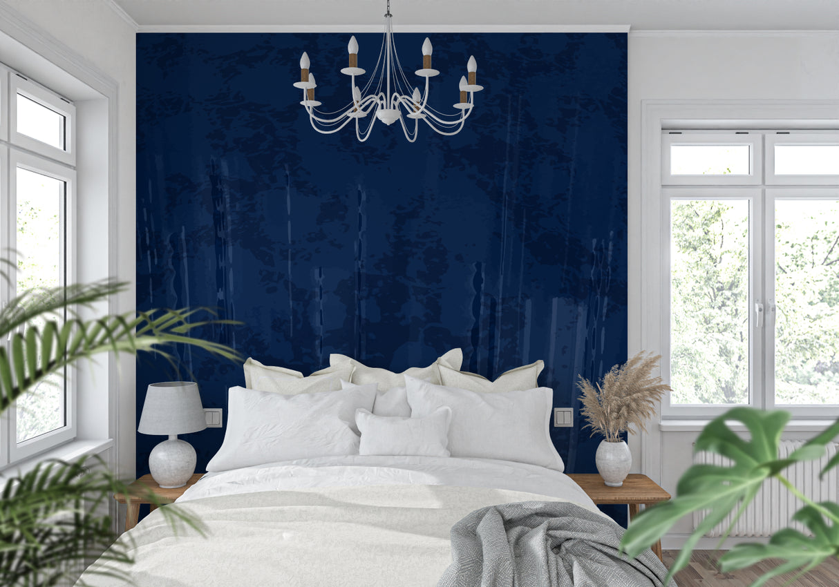 Abstract blue wall mural in home office setting with minimalist furniture